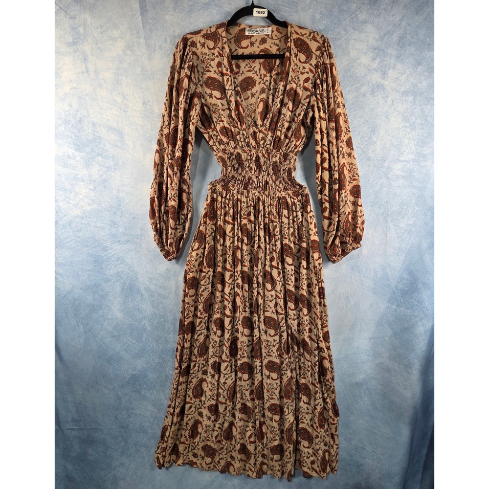 Lusana Paisley Maxi Dress Tan Rust Smocked Waist Long Puff Sleeve V-Neck Size M